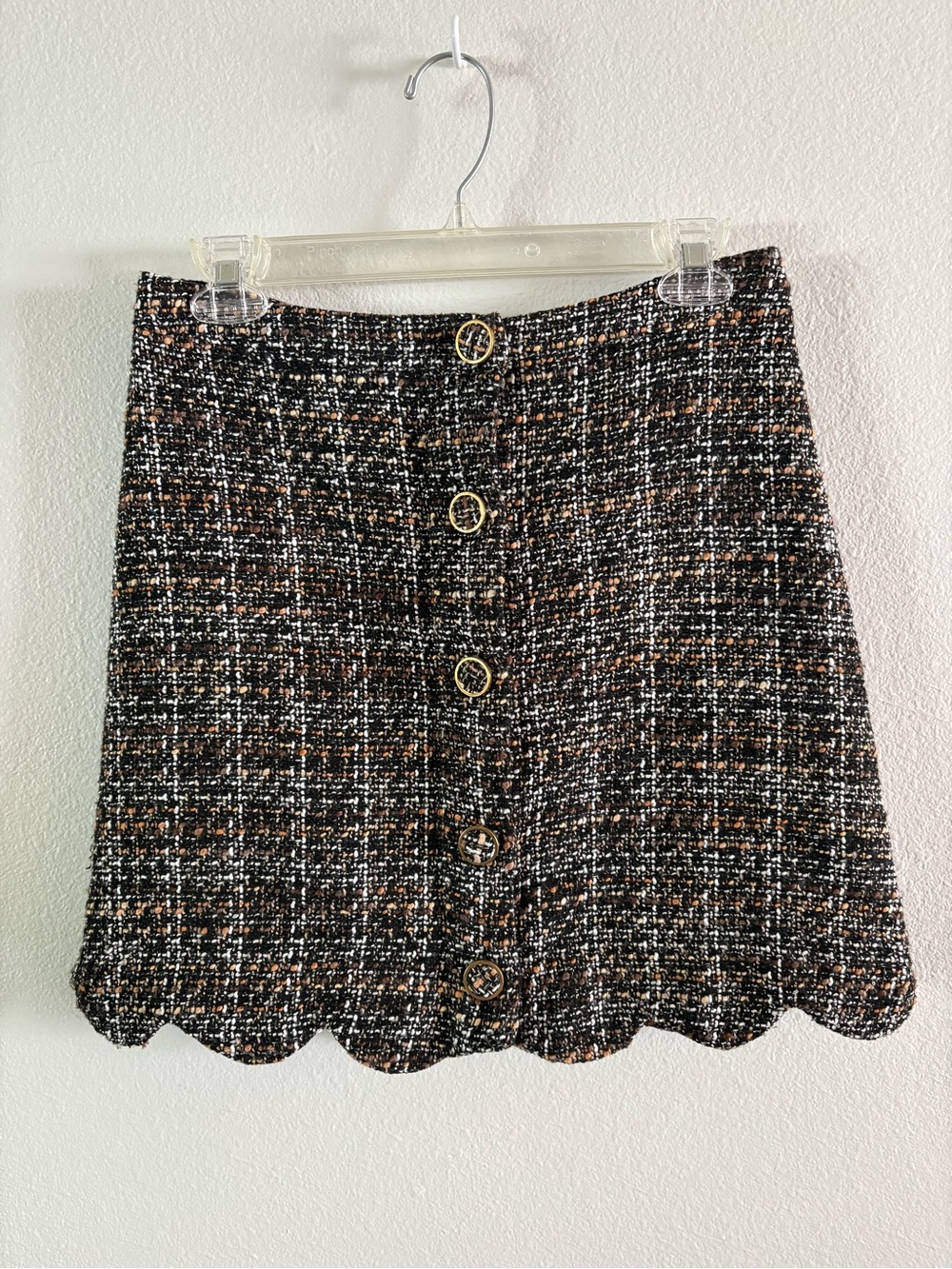 Blu Pepper Tweed Button-Front Scallop Hem Skirt - Black & Brown